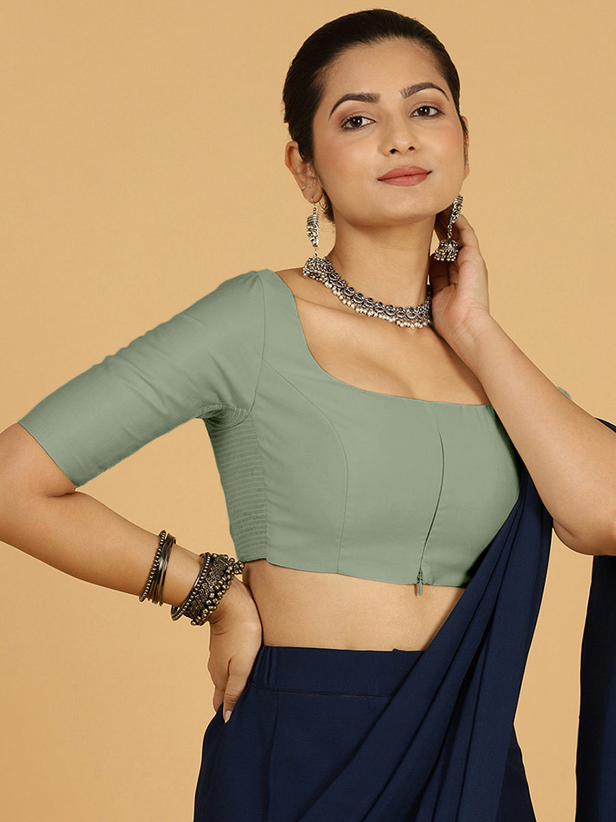 Nidhi x Rozaana Saree Blouse, in Green Viscose, featuring elbow sleeves and scoop neckline, made for daily & work (view 7).