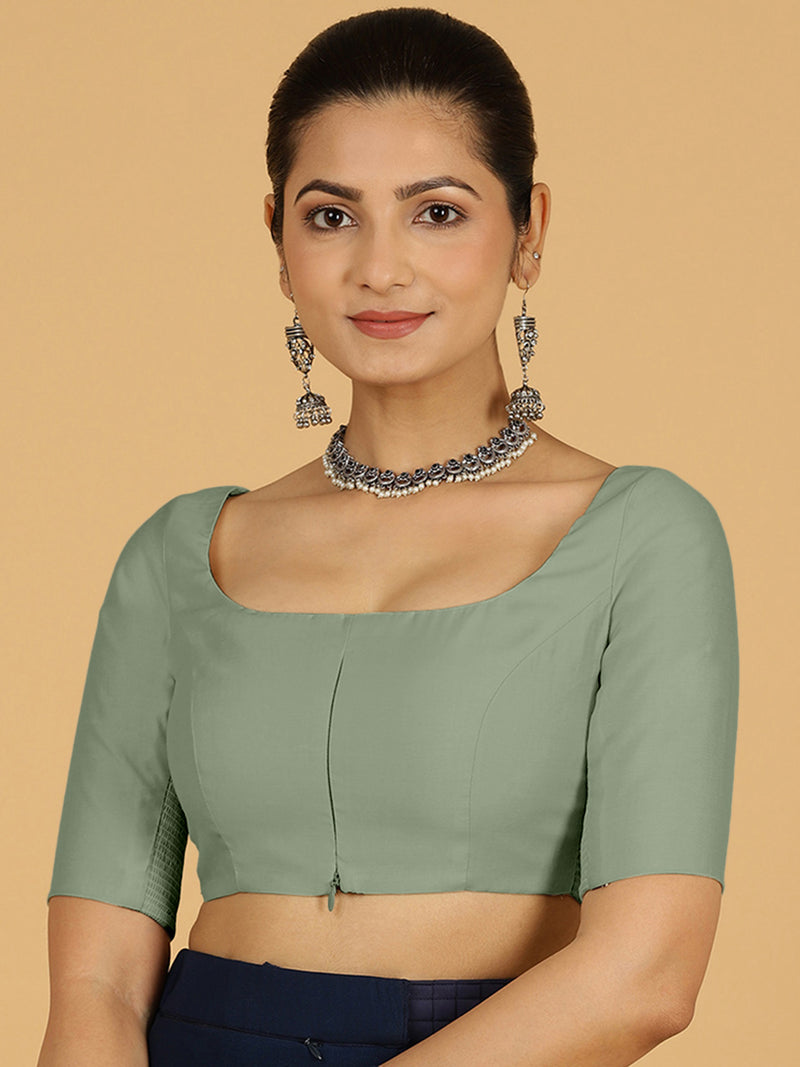 Nidhi x Rozaana | Elbow Sleeves Saree Blouse in Mint Green-Binks