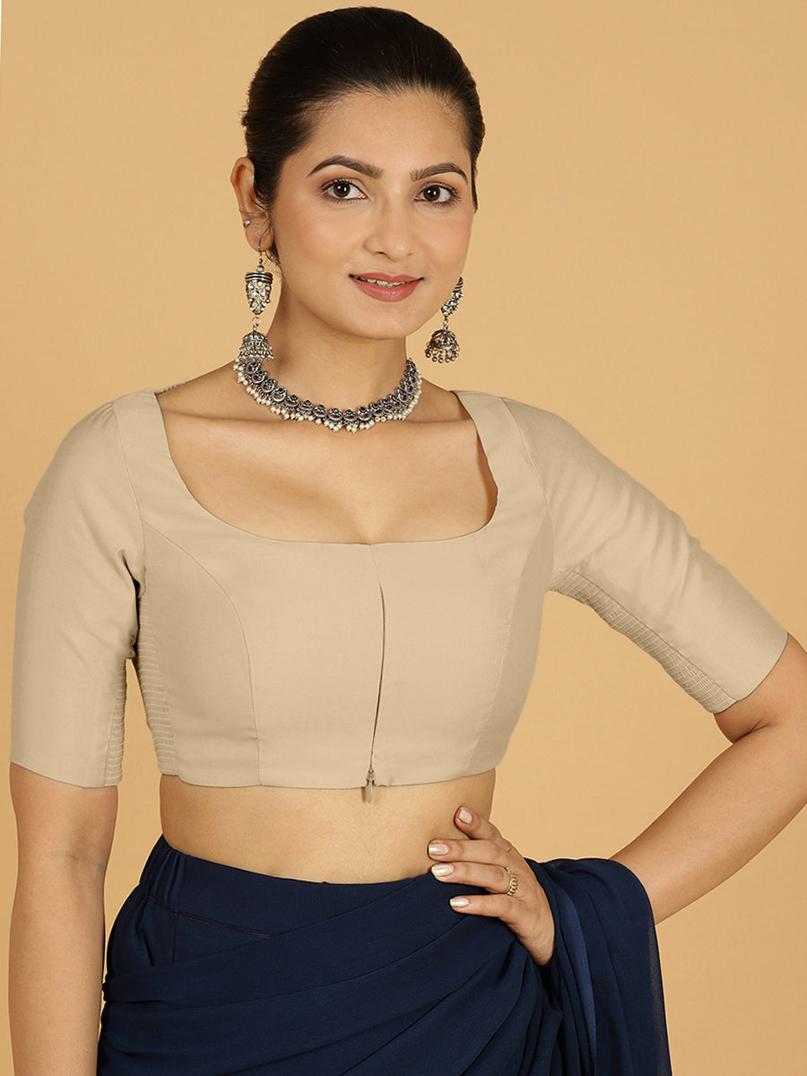 Nidhi x Rozaana Saree Blouse, in Grey Viscose, featuring elbow sleeves and scoop neckline, made for daily & work.