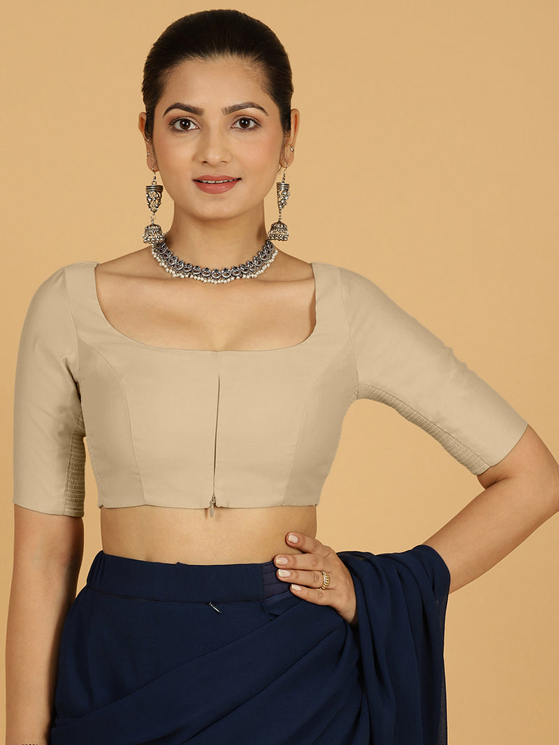 Nidhi x Rozaana | Elbow Sleeves Saree Blouse in Oyster Grey-Binks