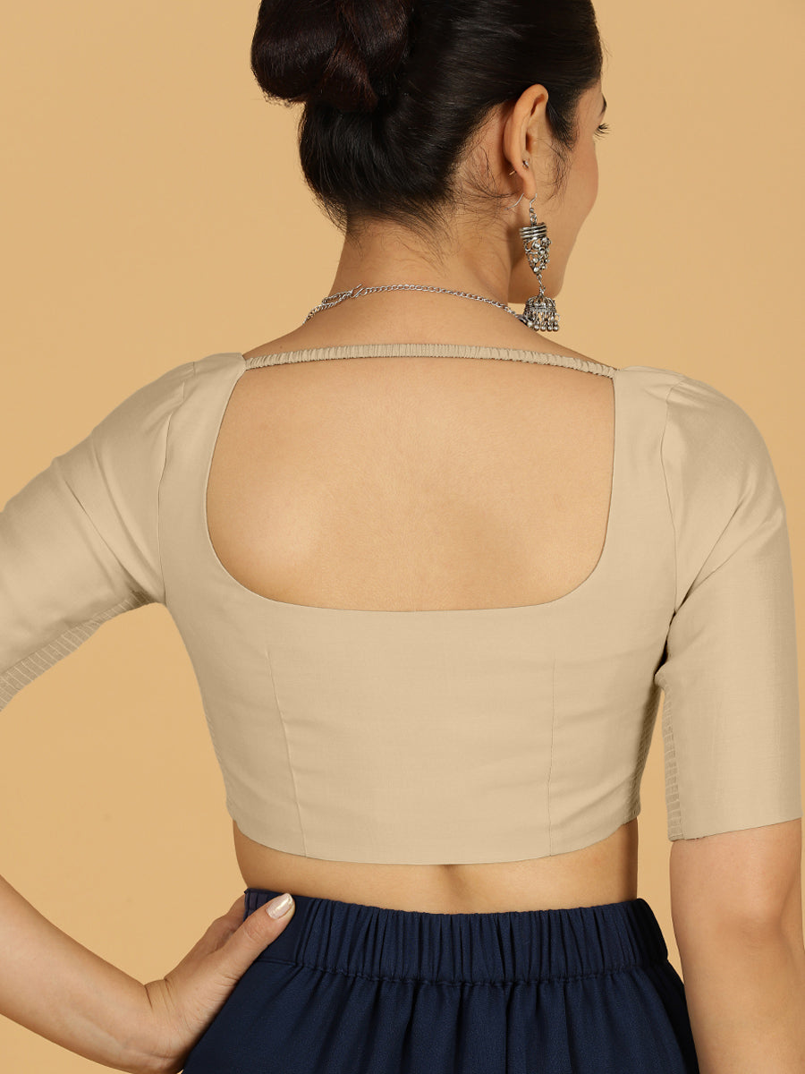Nidhi x Rozaana Saree Blouse, in Grey Viscose, featuring elbow sleeves and scoop neckline, made for daily & work (view 2).