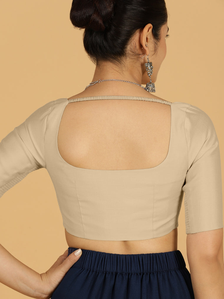 Nidhi x Rozaana Saree Blouse, in Grey Viscose, featuring elbow sleeves and scoop neckline, made for daily & work (view 2).