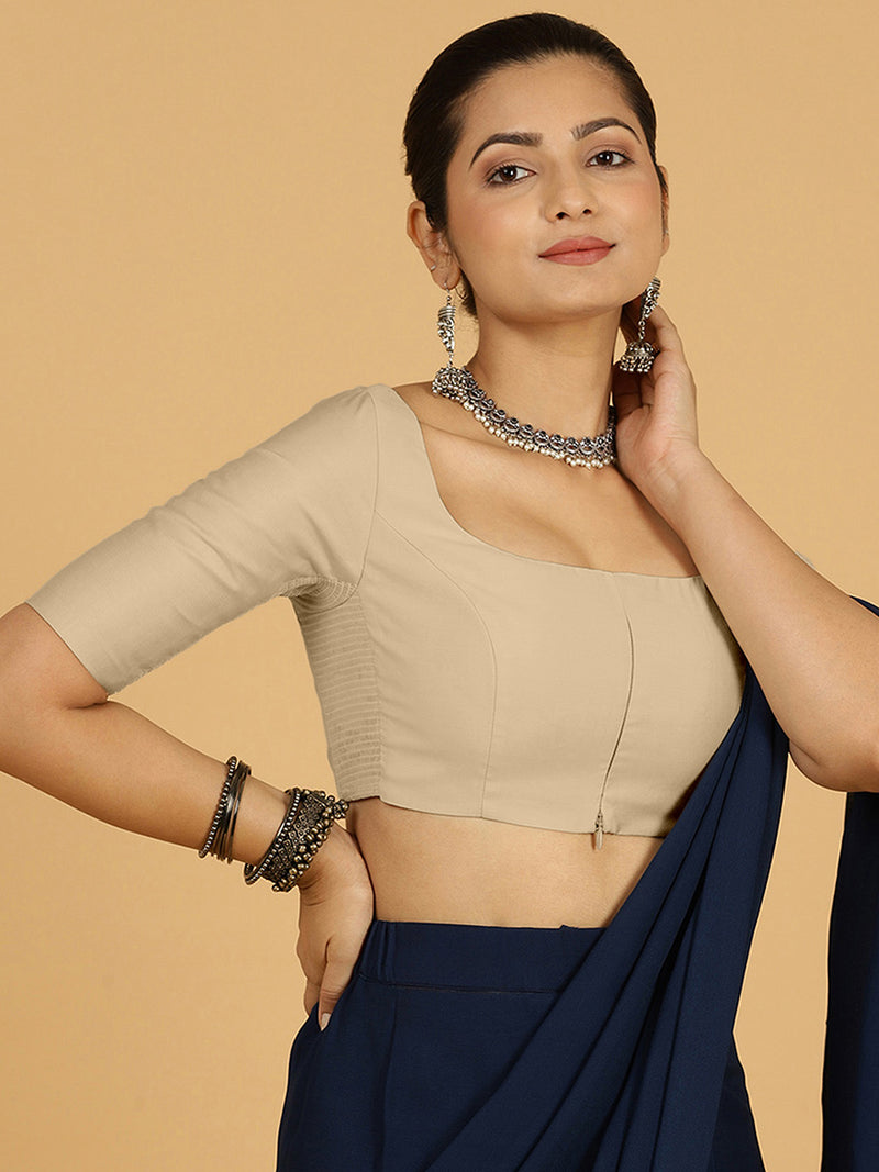 Nidhi x Rozaana | Elbow Sleeves Saree Blouse in Oyster Grey-Binks