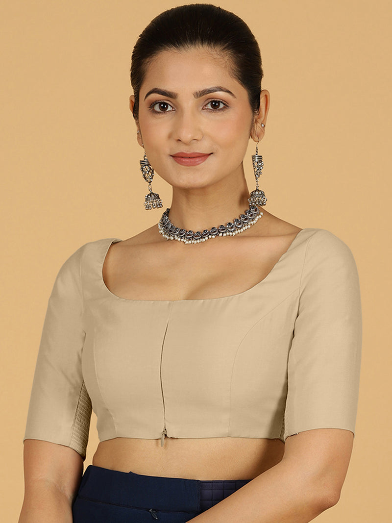 Nidhi x Rozaana | Elbow Sleeves Saree Blouse in Oyster Grey-Binks