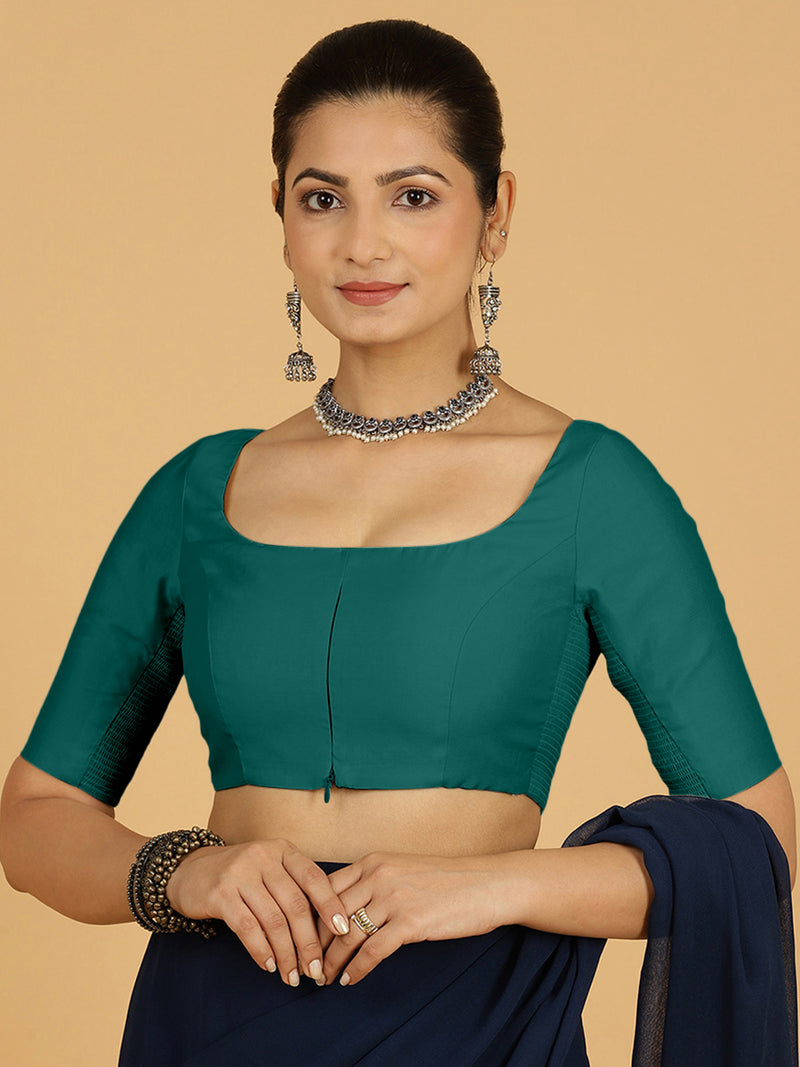 Nidhi x Rozaana | Elbow Sleeves Saree Blouse in Peacock Green-Binks