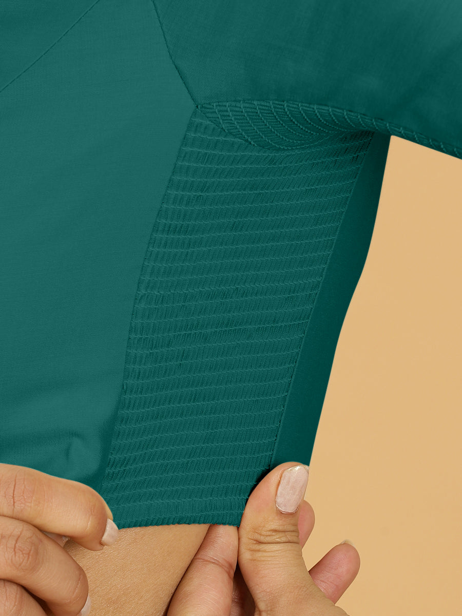 Nidhi x Rozaana Saree Blouse, in Green Viscose, featuring elbow sleeves and scoop neckline, made for daily & work (view 3).