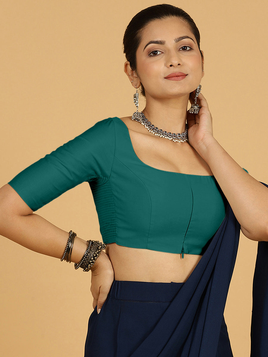 Nidhi x Rozaana Saree Blouse, in Green Viscose, featuring elbow sleeves and scoop neckline, made for daily & work (view 6).