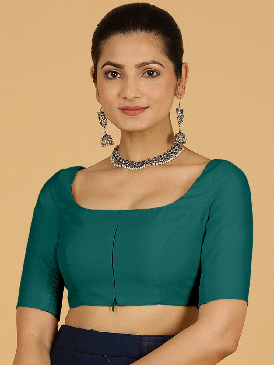Nidhi x Rozaana Saree Blouse, in Green Viscose, featuring elbow sleeves and scoop neckline, made for daily & work (view 8).