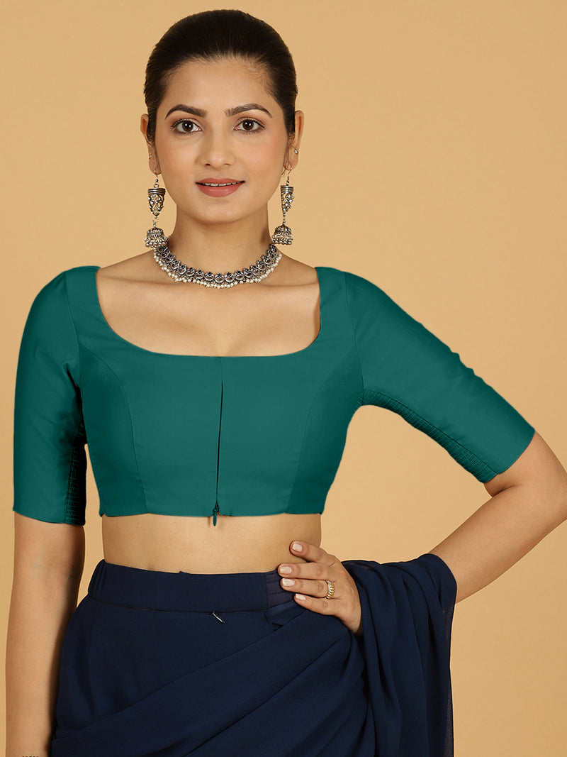 Nidhi x Rozaana | Elbow Sleeves Saree Blouse in Peacock Green-Binks