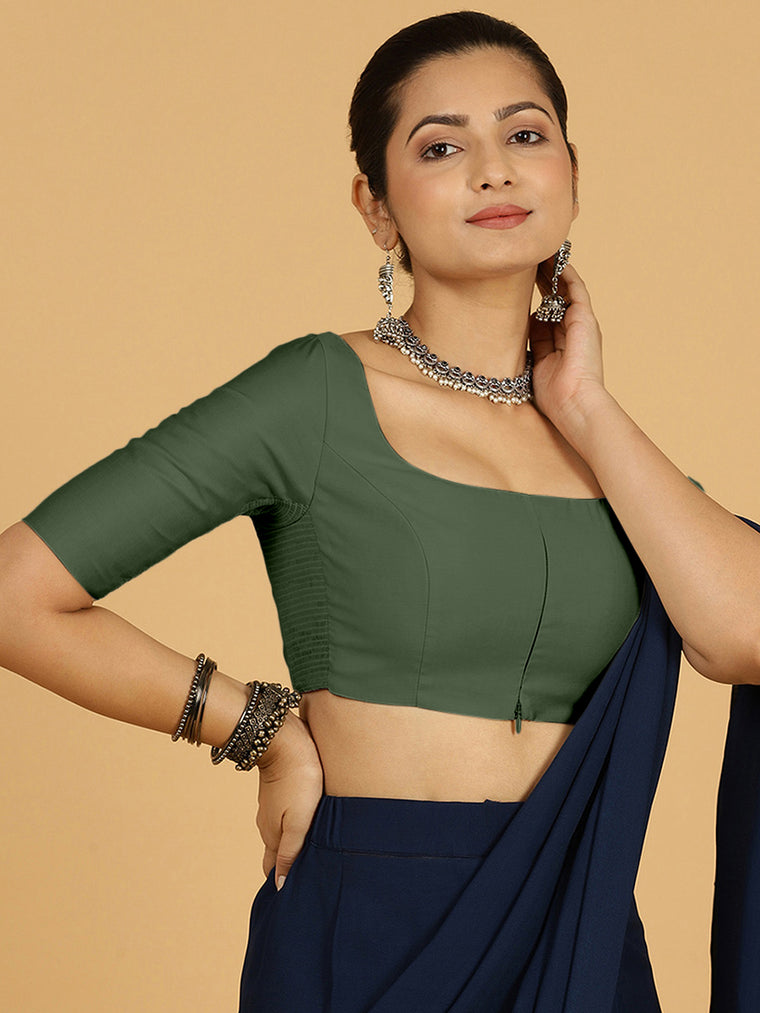 Nidhi x Rozaana Saree Blouse, in Green Viscose, featuring elbow sleeves and scoop neckline, made for daily & work.