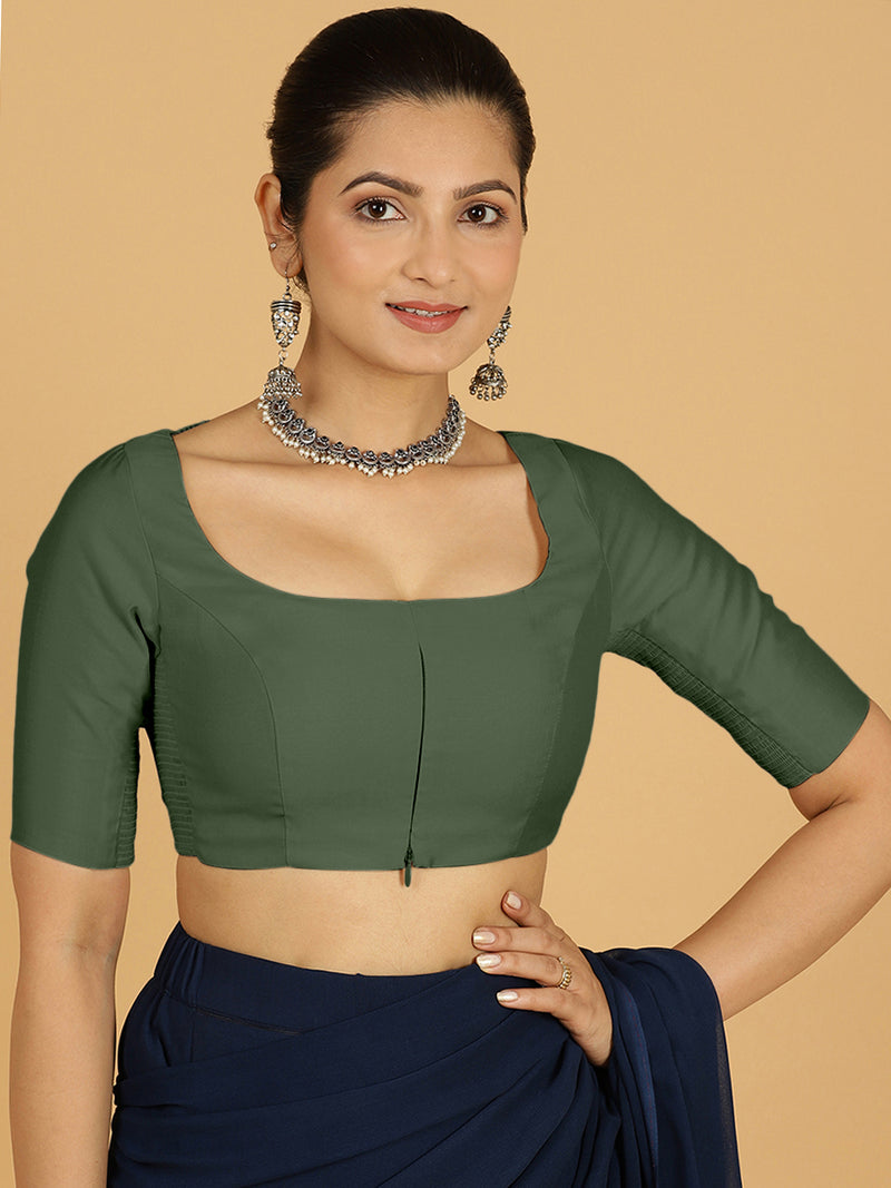 Nidhi x Rozaana | Elbow Sleeves Saree Blouse in Pine Green-Binks