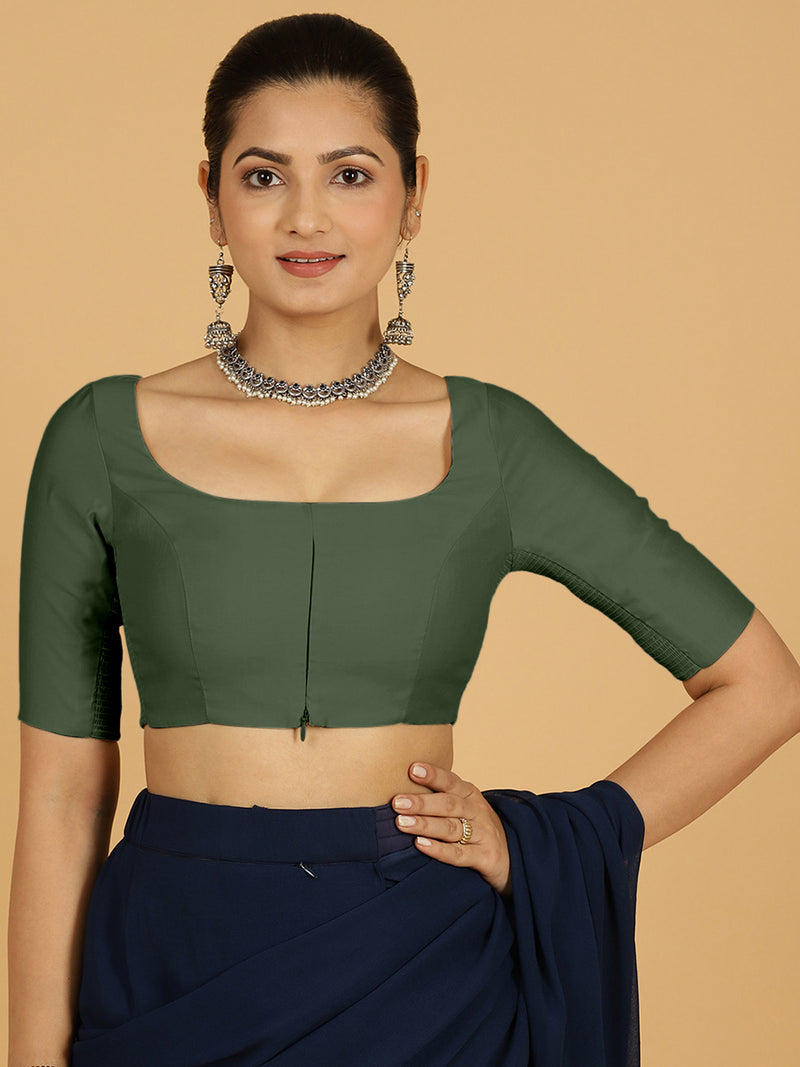Nidhi x Rozaana | Elbow Sleeves Saree Blouse in Pine Green-Binks