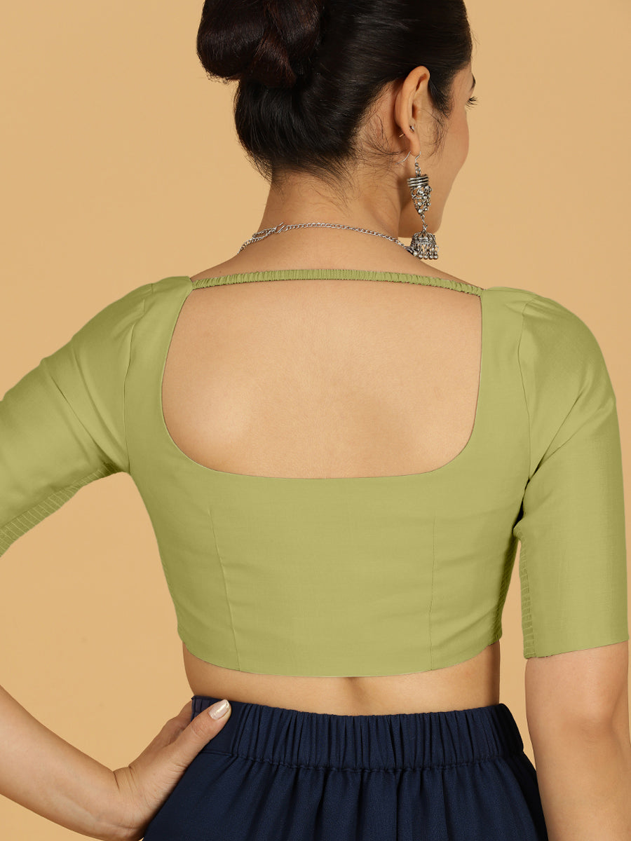 Nidhi x Rozaana Saree Blouse, in Green Viscose, featuring elbow sleeves and scoop neckline, made for daily & work (view 2).