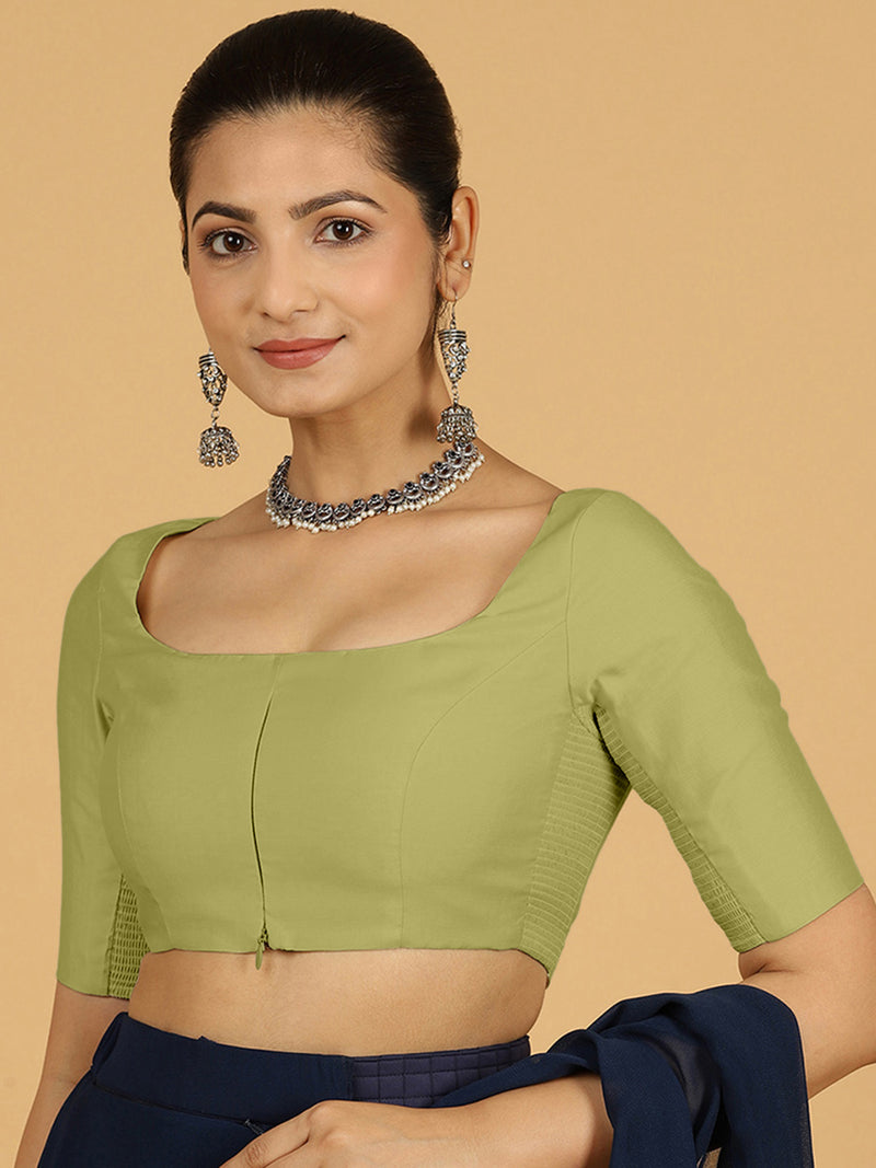 Nidhi x Rozaana | Elbow Sleeves Saree Blouse in Pista Green-Binks