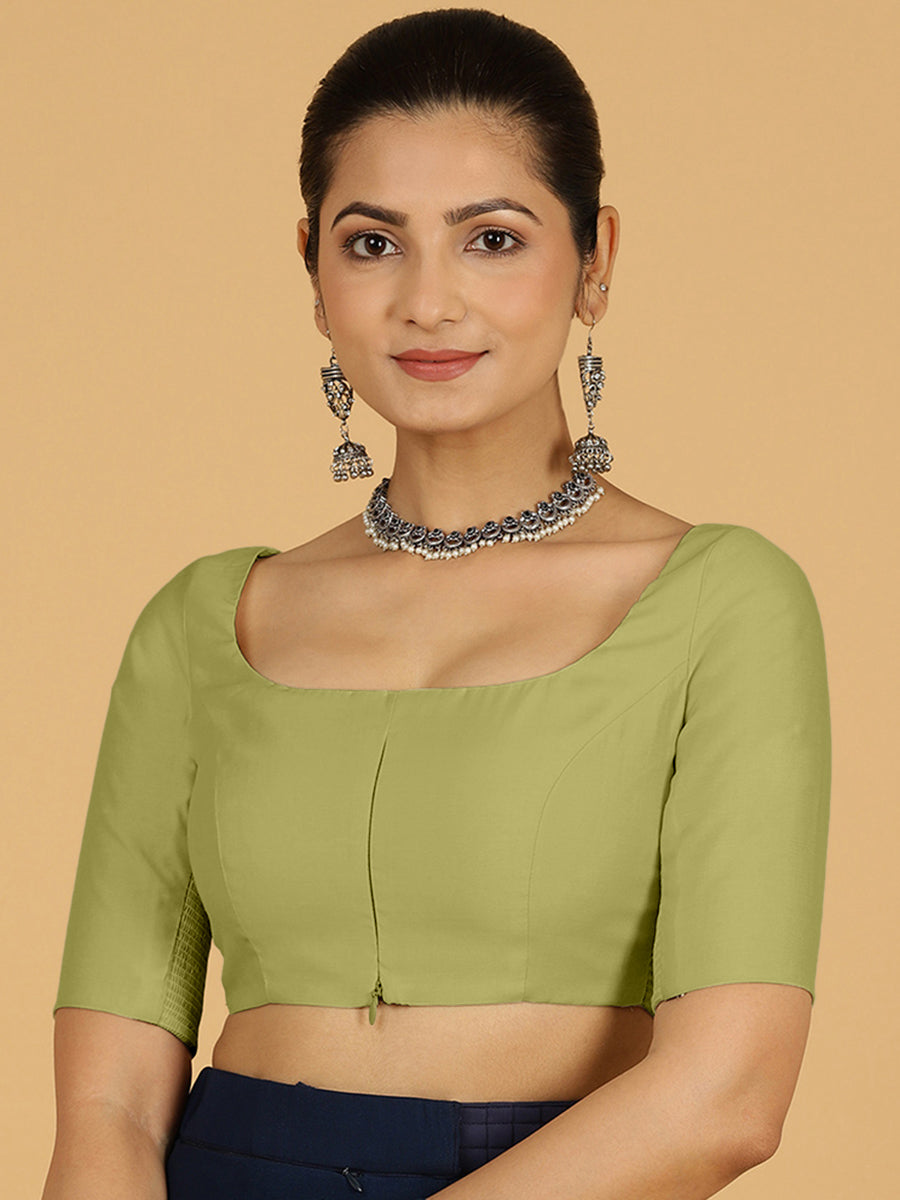 Nidhi x Rozaana Saree Blouse, in Green Viscose, featuring elbow sleeves and scoop neckline, made for daily & work (view 8).