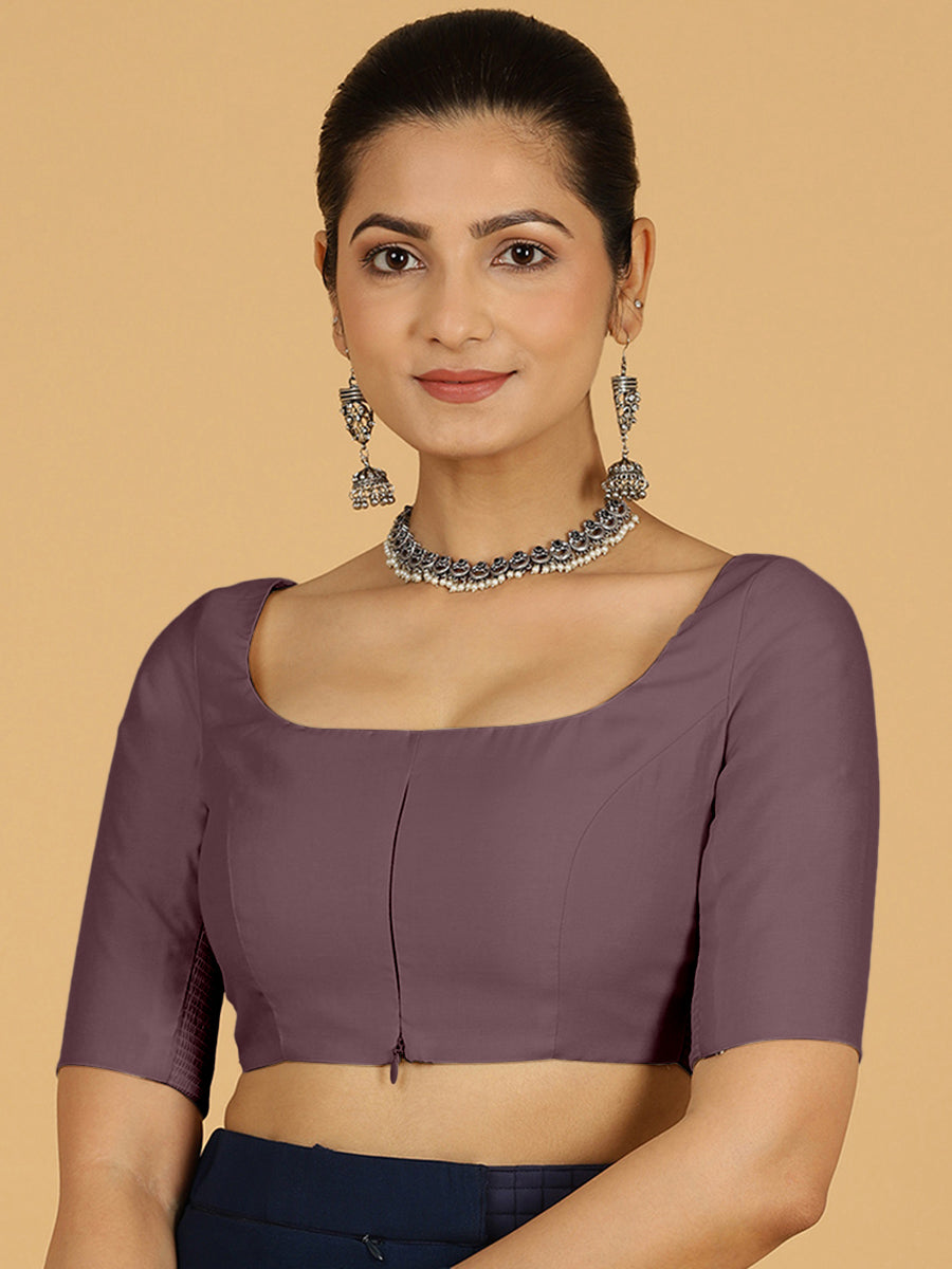 Nidhi x Rozaana Saree Blouse, in Purple Viscose, featuring elbow sleeves and scoop neckline, made for daily & work.
