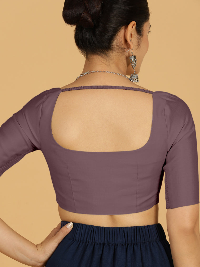 Nidhi x Rozaana Saree Blouse, in Purple Viscose, featuring elbow sleeves and scoop neckline, made for daily & work (view 2).