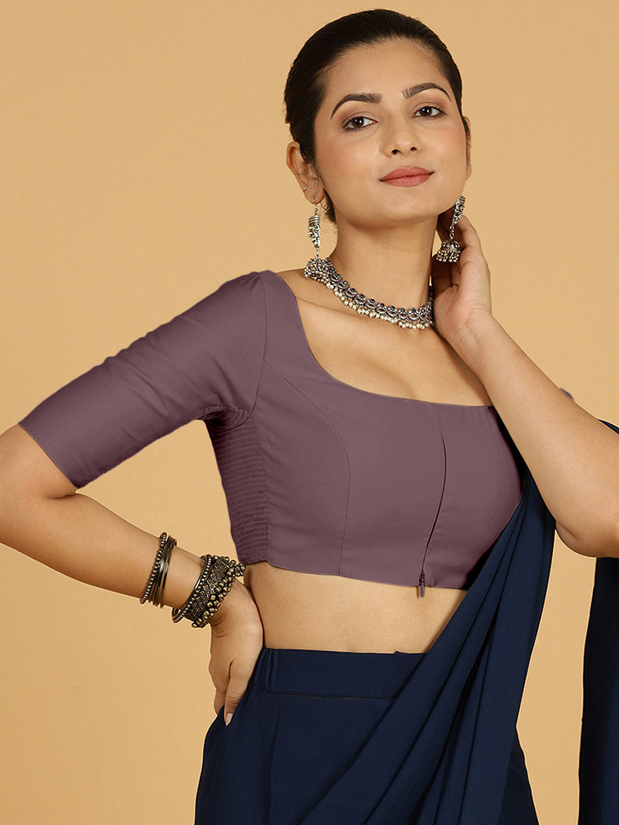Nidhi x Rozaana Saree Blouse, in Purple Viscose, featuring elbow sleeves and scoop neckline, made for daily & work (view 7).