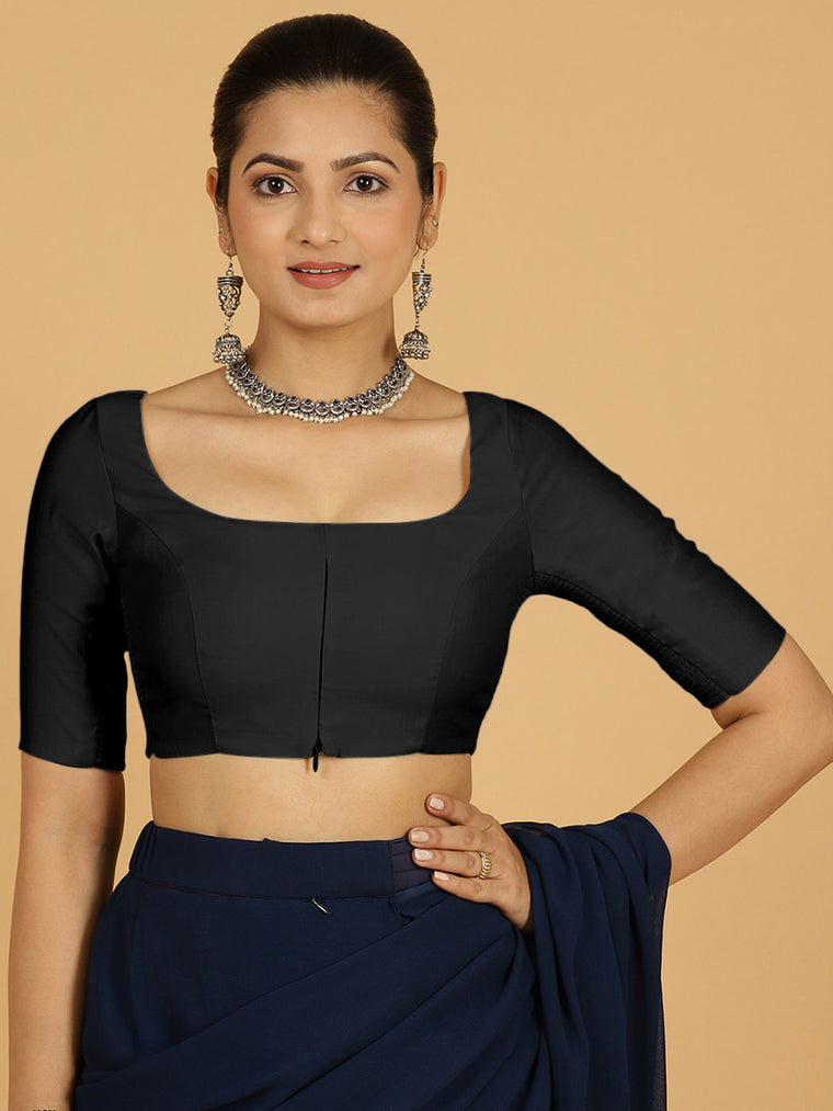Nidhi x Rozaana Saree Blouse, in Black Viscose, featuring elbow sleeves and scoop neckline, made for daily & work.