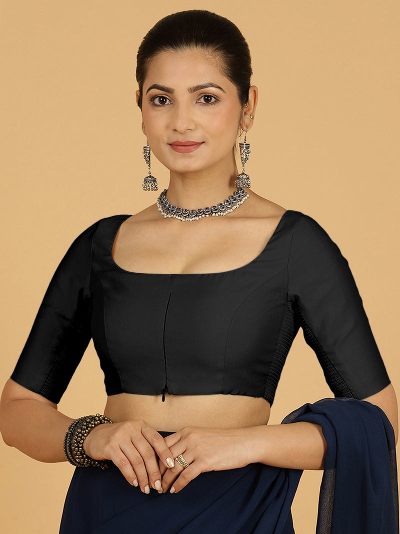 Nidhi x Rozaana | Elbow Sleeves Saree Blouse in Raven Black-Binks