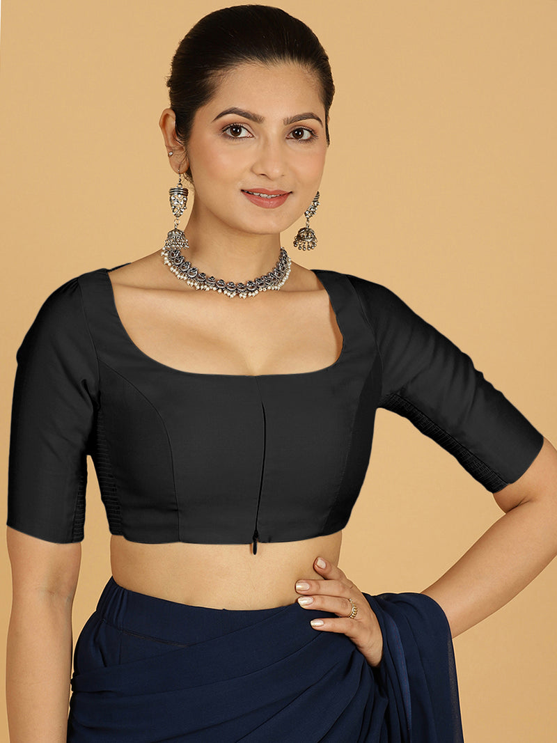 Nidhi x Rozaana | Elbow Sleeves Saree Blouse in Raven Black-Binks