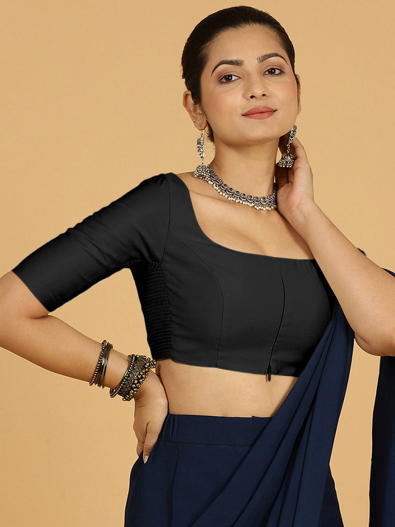 Nidhi x Rozaana | Elbow Sleeves Saree Blouse in Raven Black-Binks