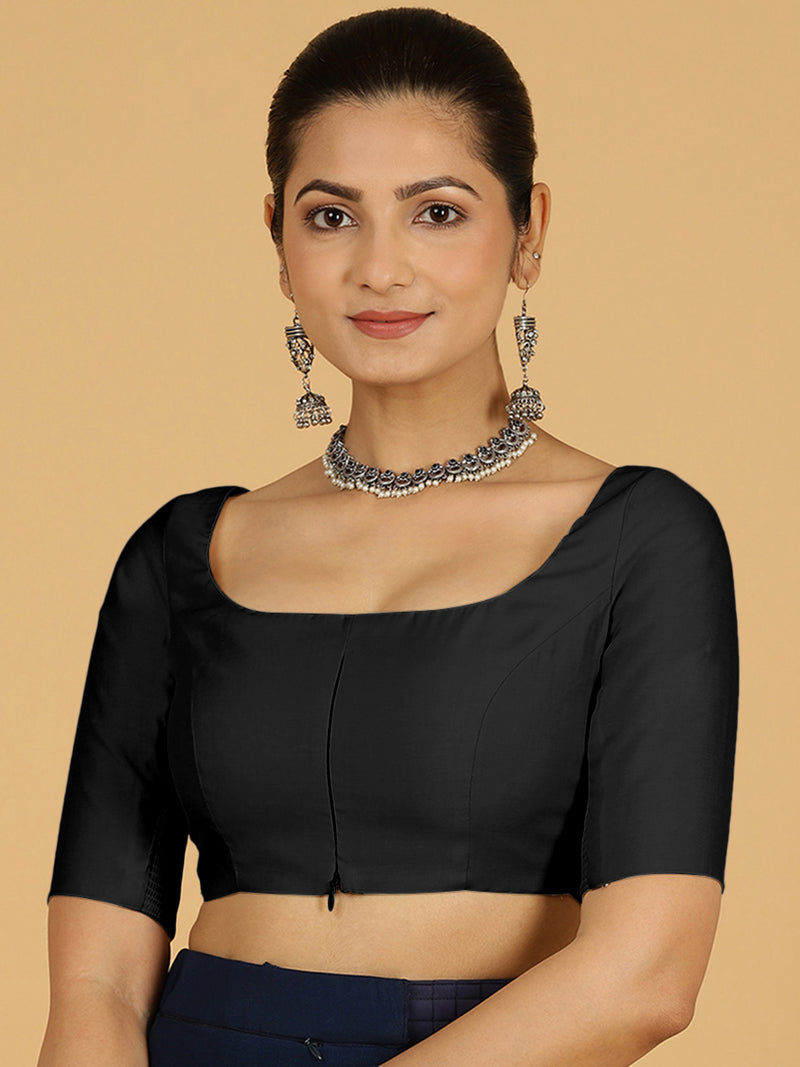 Nidhi x Rozaana | Elbow Sleeves Saree Blouse in Raven Black-Binks