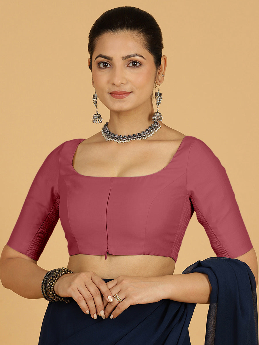Nidhi x Rozaana Saree Blouse, in Pink Viscose, featuring elbow sleeves and scoop neckline, made for daily & work.