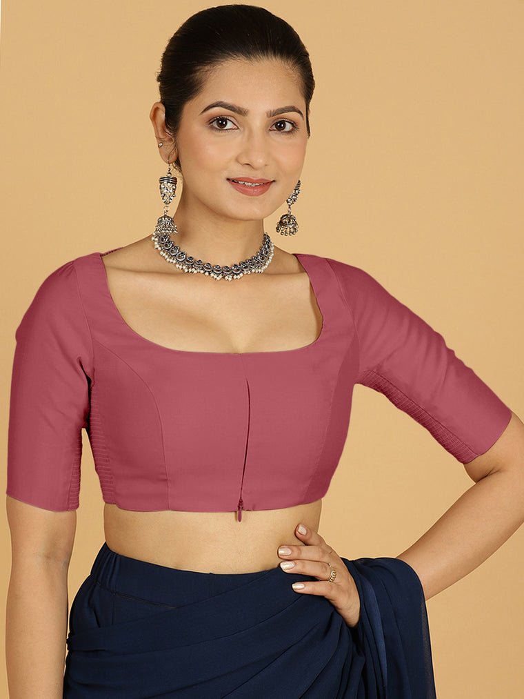 Nidhi x Rozaana Saree Blouse, in Pink Viscose, featuring elbow sleeves and scoop neckline, made for daily & work (view 2).