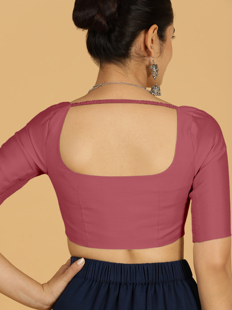 Nidhi x Rozaana Saree Blouse, in Pink Viscose, featuring elbow sleeves and scoop neckline, made for daily & work (view 3).