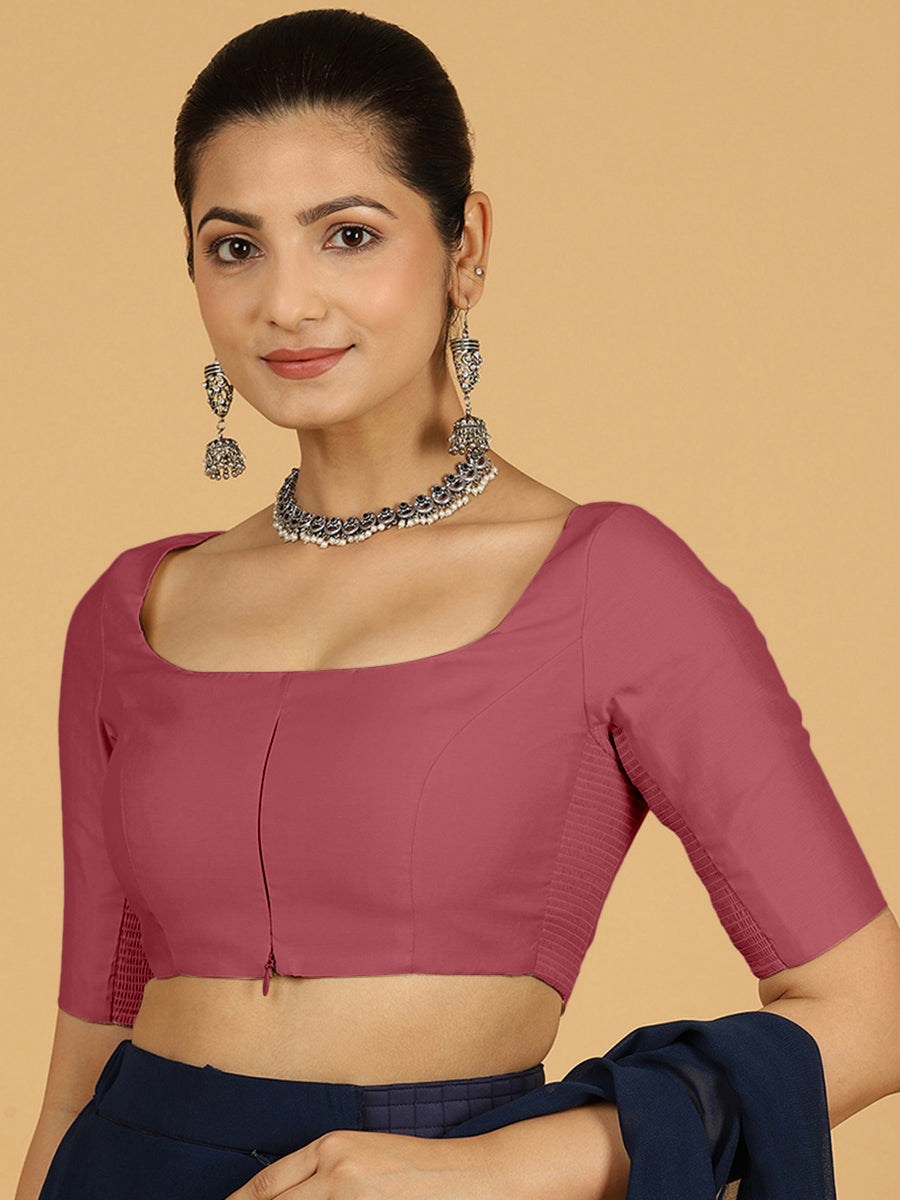 Nidhi x Rozaana Saree Blouse, in Pink Viscose, featuring elbow sleeves and scoop neckline, made for daily & work (view 7).