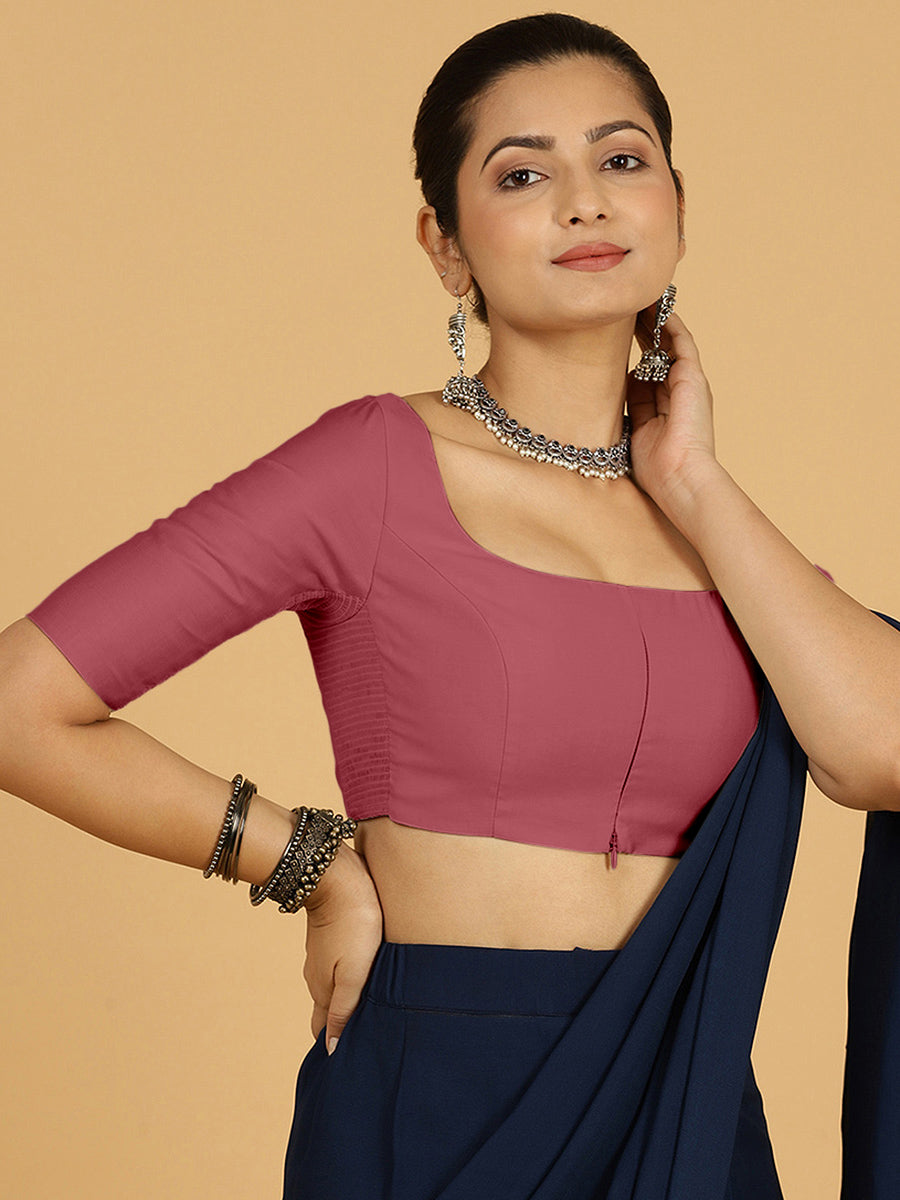 Nidhi x Rozaana Saree Blouse, in Pink Viscose, featuring elbow sleeves and scoop neckline, made for daily & work (view 8).
