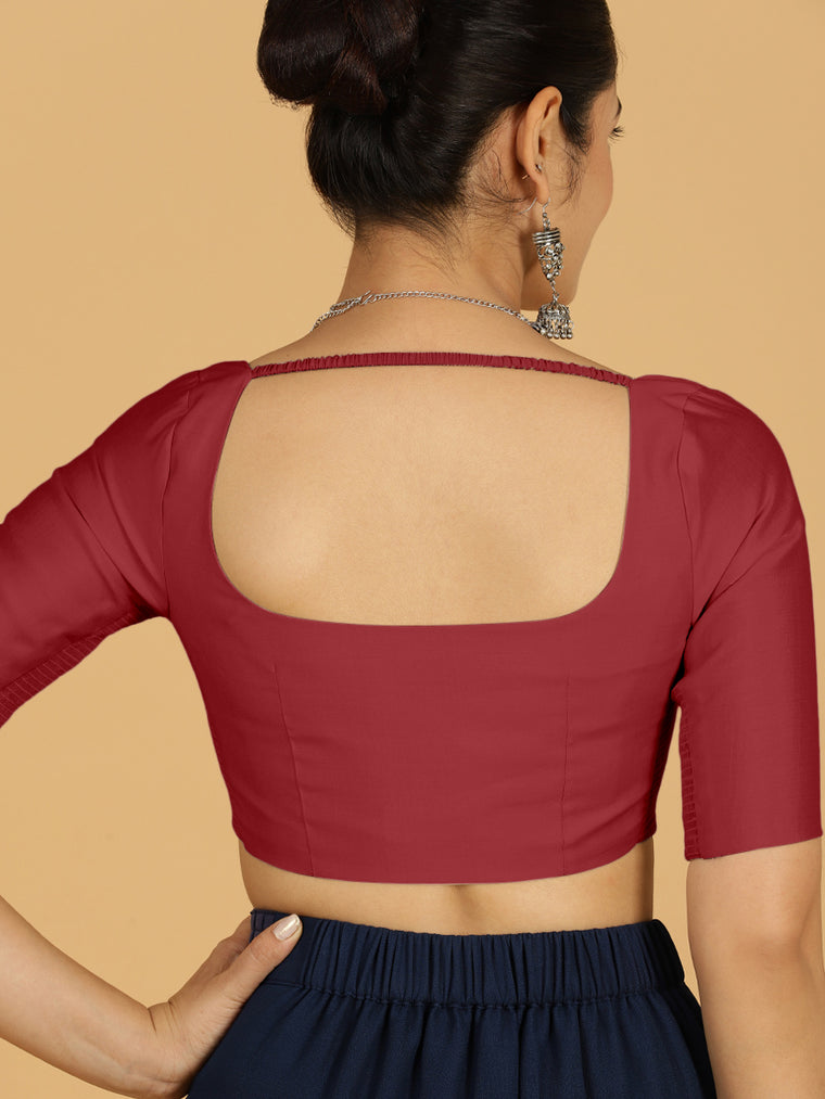 Nidhi x Rozaana Saree Blouse, in Red Viscose, featuring elbow sleeves and scoop neckline, made for daily & work (view 2).