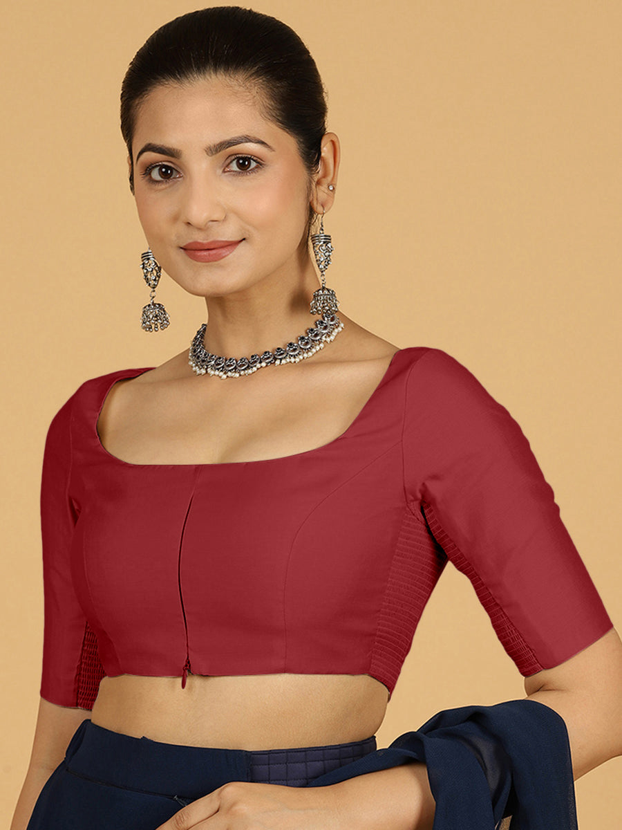 Nidhi x Rozaana Saree Blouse, in Red Viscose, featuring elbow sleeves and scoop neckline, made for daily & work (view 6).