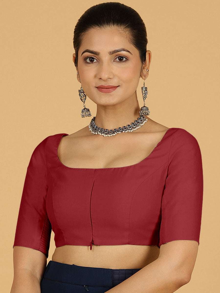 Nidhi x Rozaana Saree Blouse, in Red Viscose, featuring elbow sleeves and scoop neckline, made for daily & work (view 8).