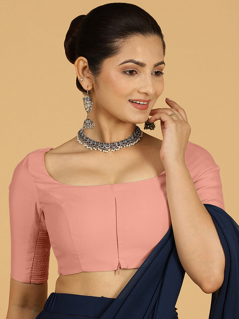 Nidhi x Rozaana | Elbow Sleeves Saree Blouse in Sea Pink-Binks