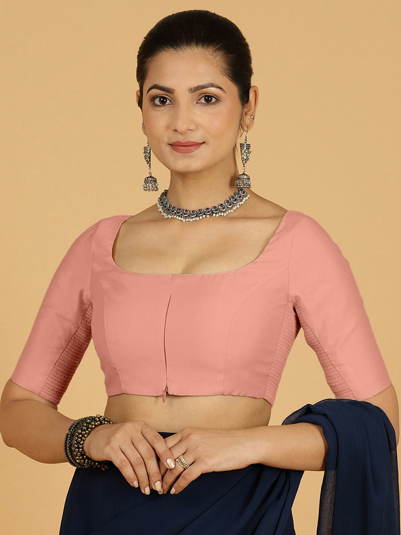 Nidhi x Rozaana | Elbow Sleeves Saree Blouse in Sea Pink-Binks