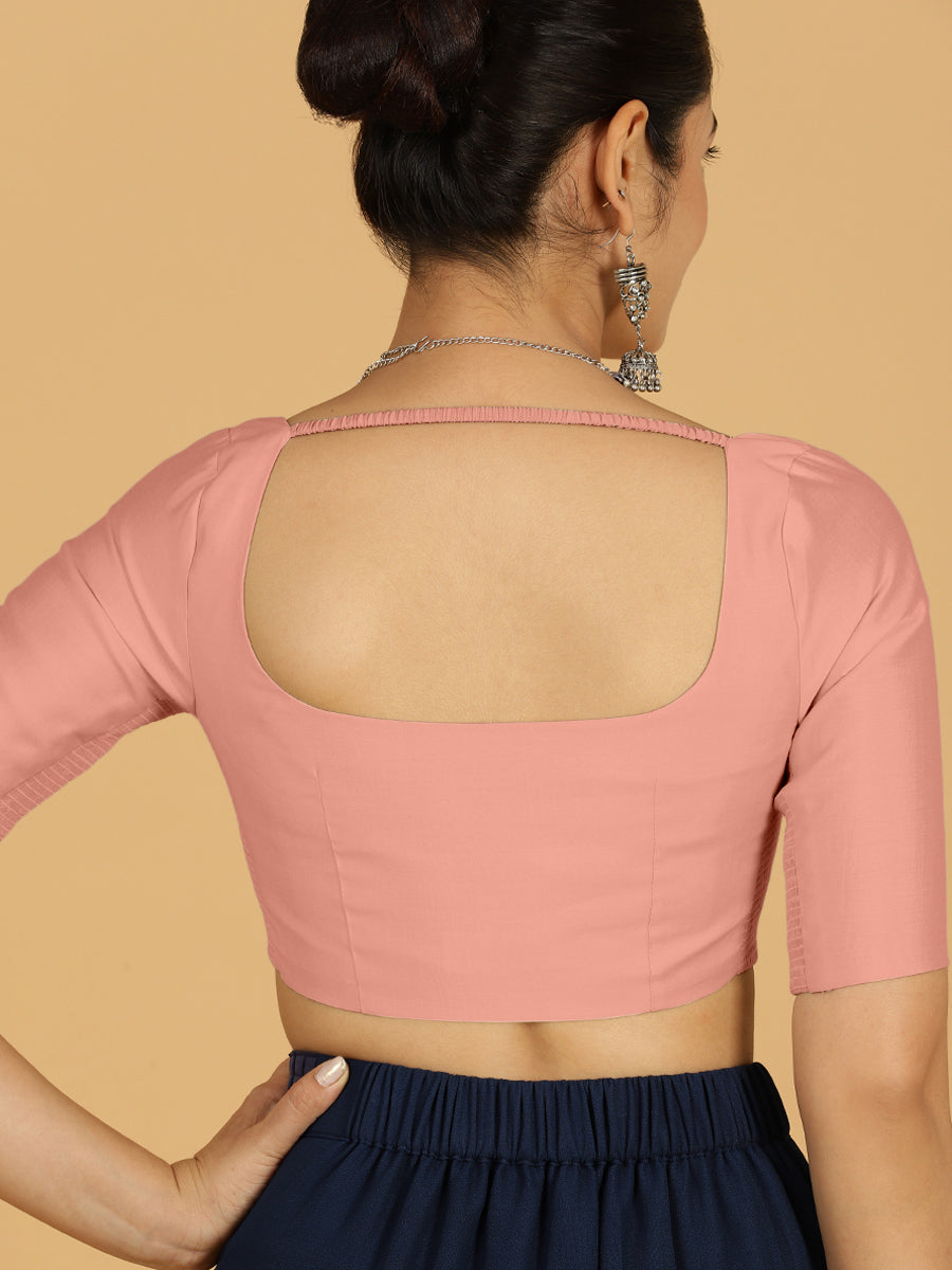 Nidhi x Rozaana Saree Blouse, in Pink Viscose, featuring elbow sleeves and scoop neckline, made for daily & work (view 3).