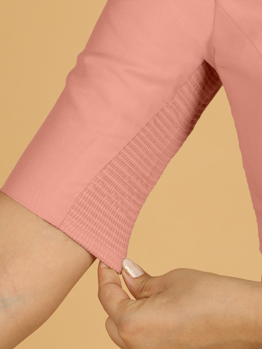 Nidhi x Rozaana Saree Blouse, in Pink Viscose, featuring elbow sleeves and scoop neckline, made for daily & work (view 5).