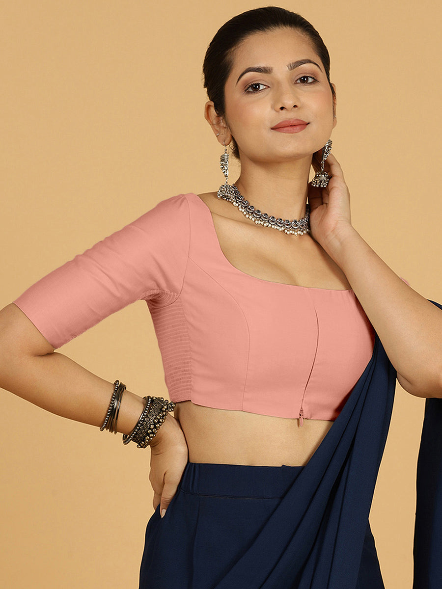 Nidhi x Rozaana Saree Blouse, in Pink Viscose, featuring elbow sleeves and scoop neckline, made for daily & work (view 8).
