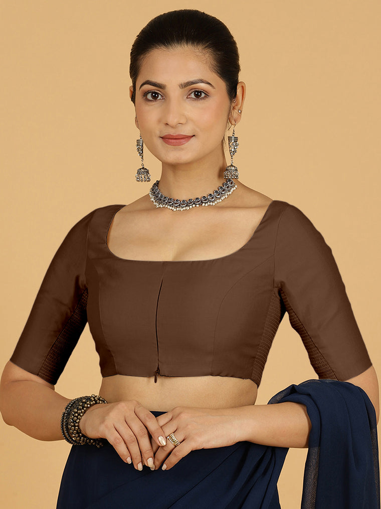 Nidhi x Rozaana Saree Blouse, in Brown Viscose, featuring elbow sleeves and scoop neckline, made for daily & work.