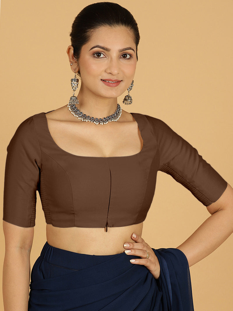 Nidhi x Rozaana | Elbow Sleeves Saree Blouse in Walnut Brown-Binks