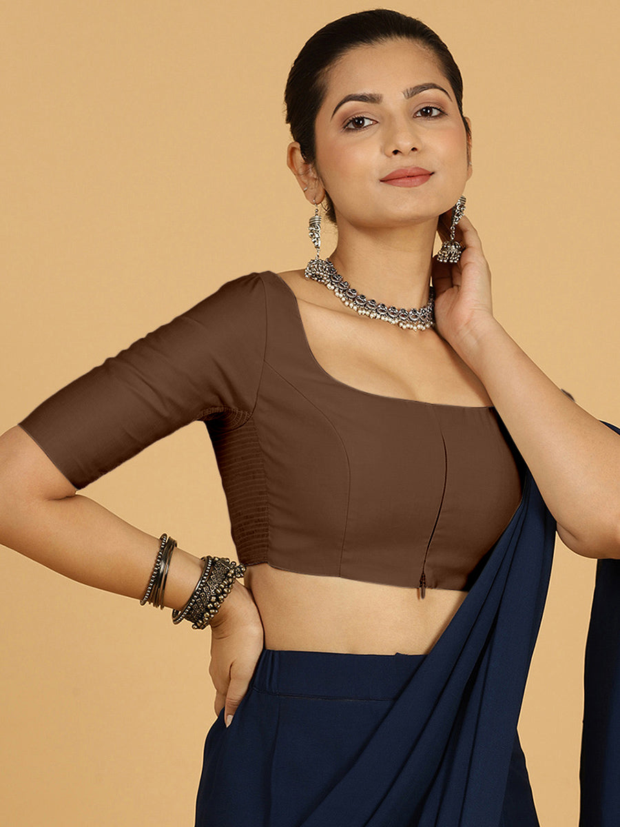 Nidhi x Rozaana Saree Blouse, in Brown Viscose, featuring elbow sleeves and scoop neckline, made for daily & work (view 7).