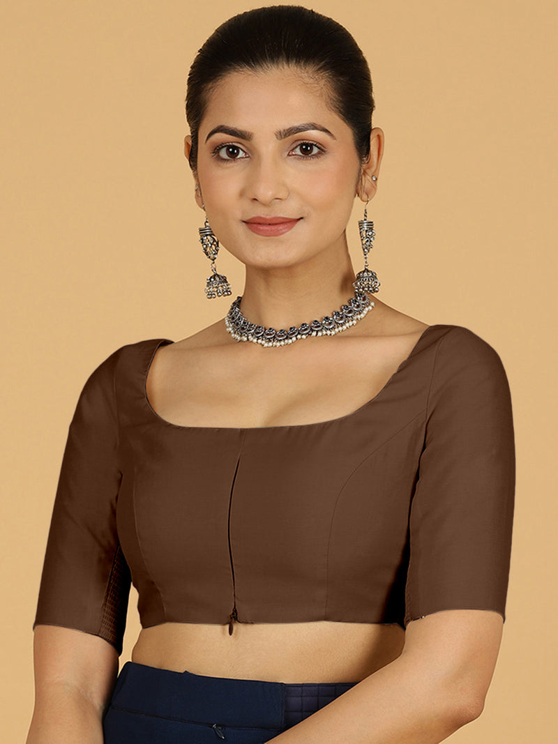 Nidhi x Rozaana | Elbow Sleeves Saree Blouse in Walnut Brown-Binks