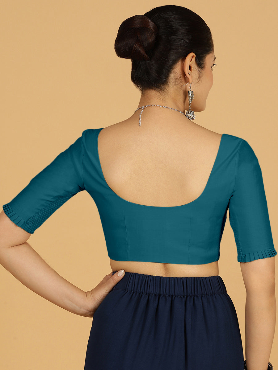 Nihira x Rozaana Saree Blouse, in Blue Viscose, featuring elbow sleeves and square neckline, made for daily & work (view 2).