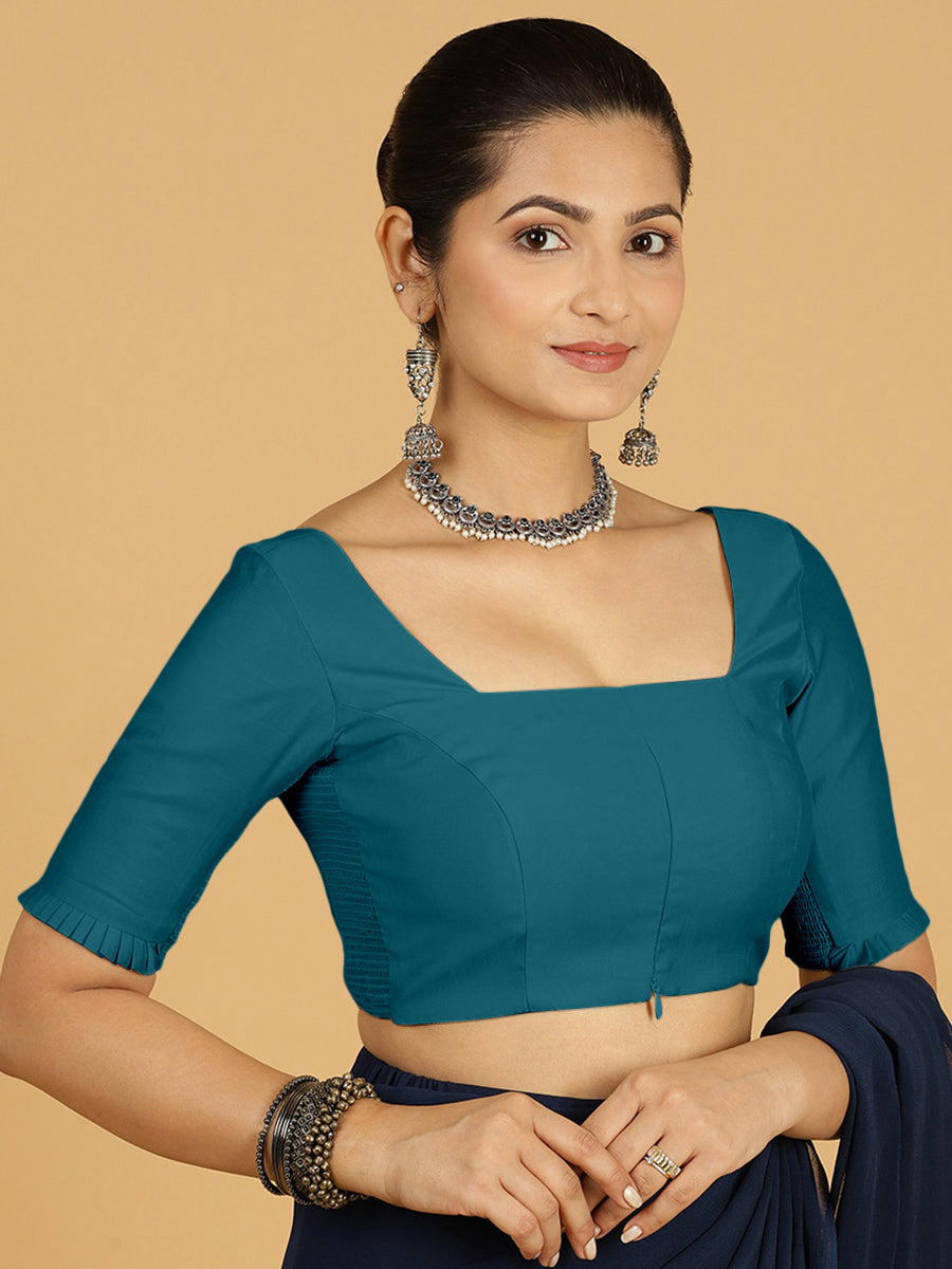 Nihira x Rozaana Saree Blouse, in Blue Viscose, featuring elbow sleeves and square neckline, made for daily & work (view 7).
