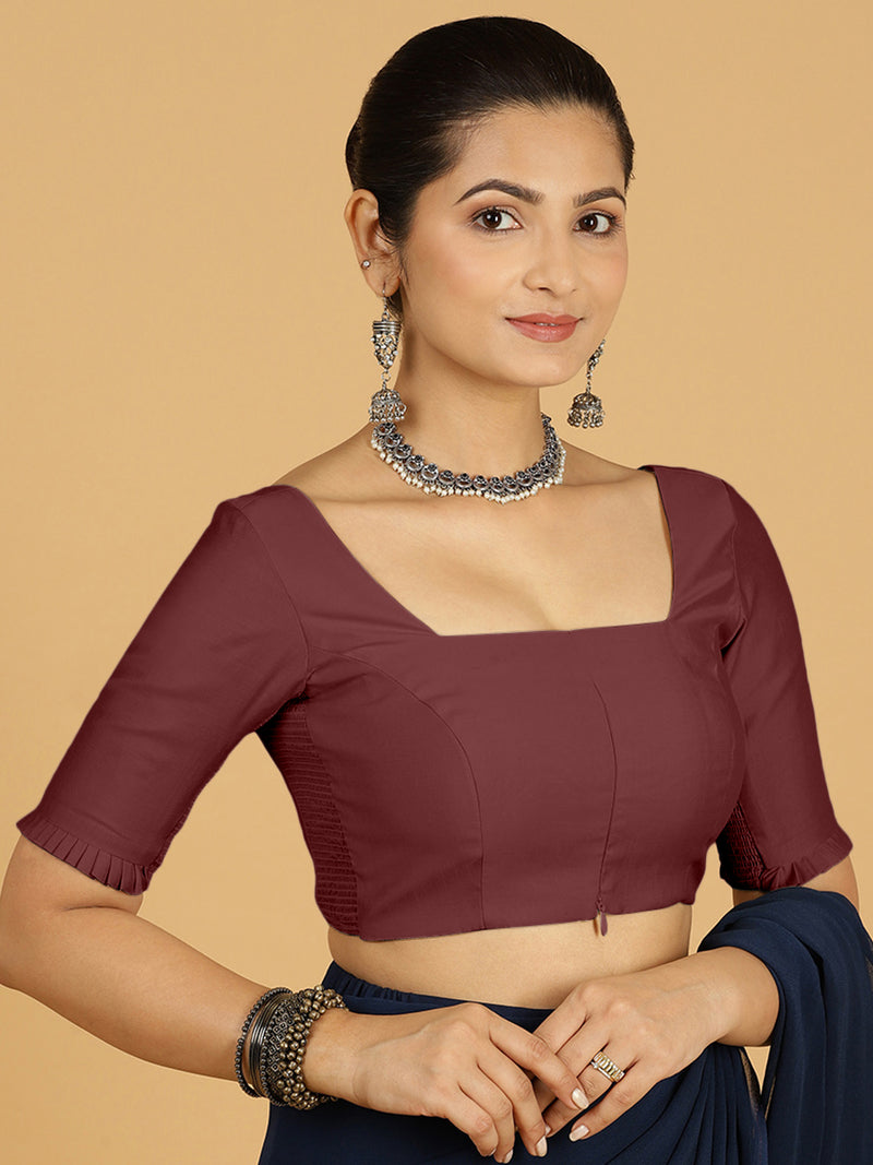 Nihira x Rozaana | Elbow Sleeves Saree Blouse in Deep Maroon-Binks