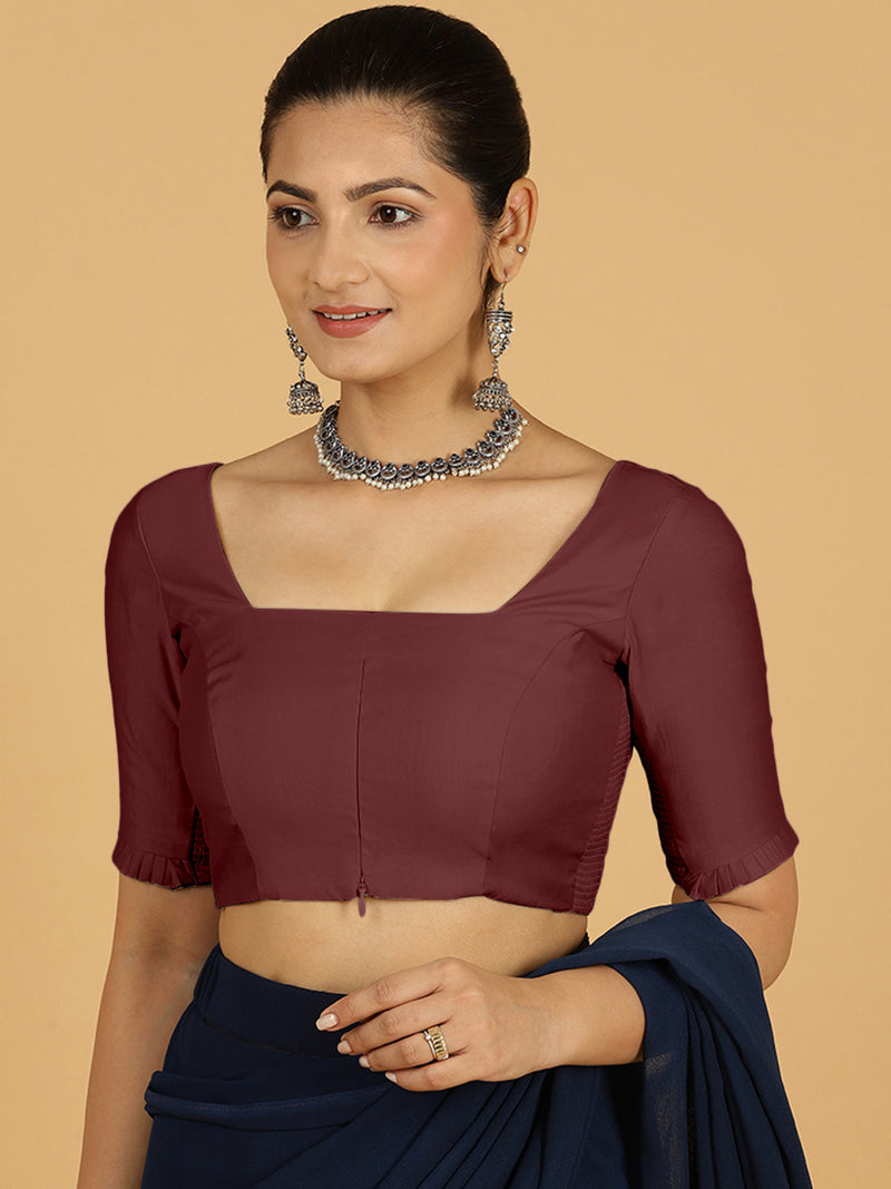 Nihira x Rozaana | Elbow Sleeves Saree Blouse in Deep Maroon-Binks