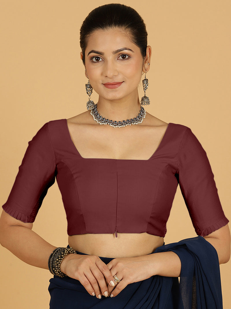 Nihira x Rozaana | Elbow Sleeves Saree Blouse in Deep Maroon-Binks