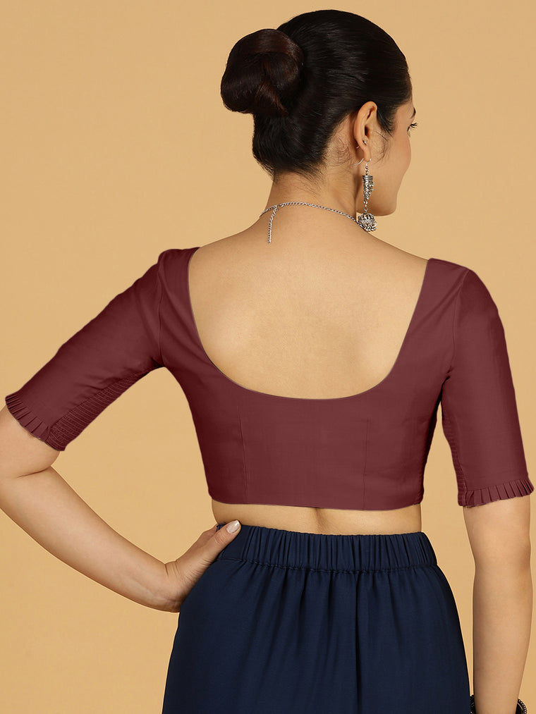 Nihira x Rozaana Saree Blouse, in Maroon Viscose, featuring elbow sleeves and square neckline, made for daily & work (view 2).